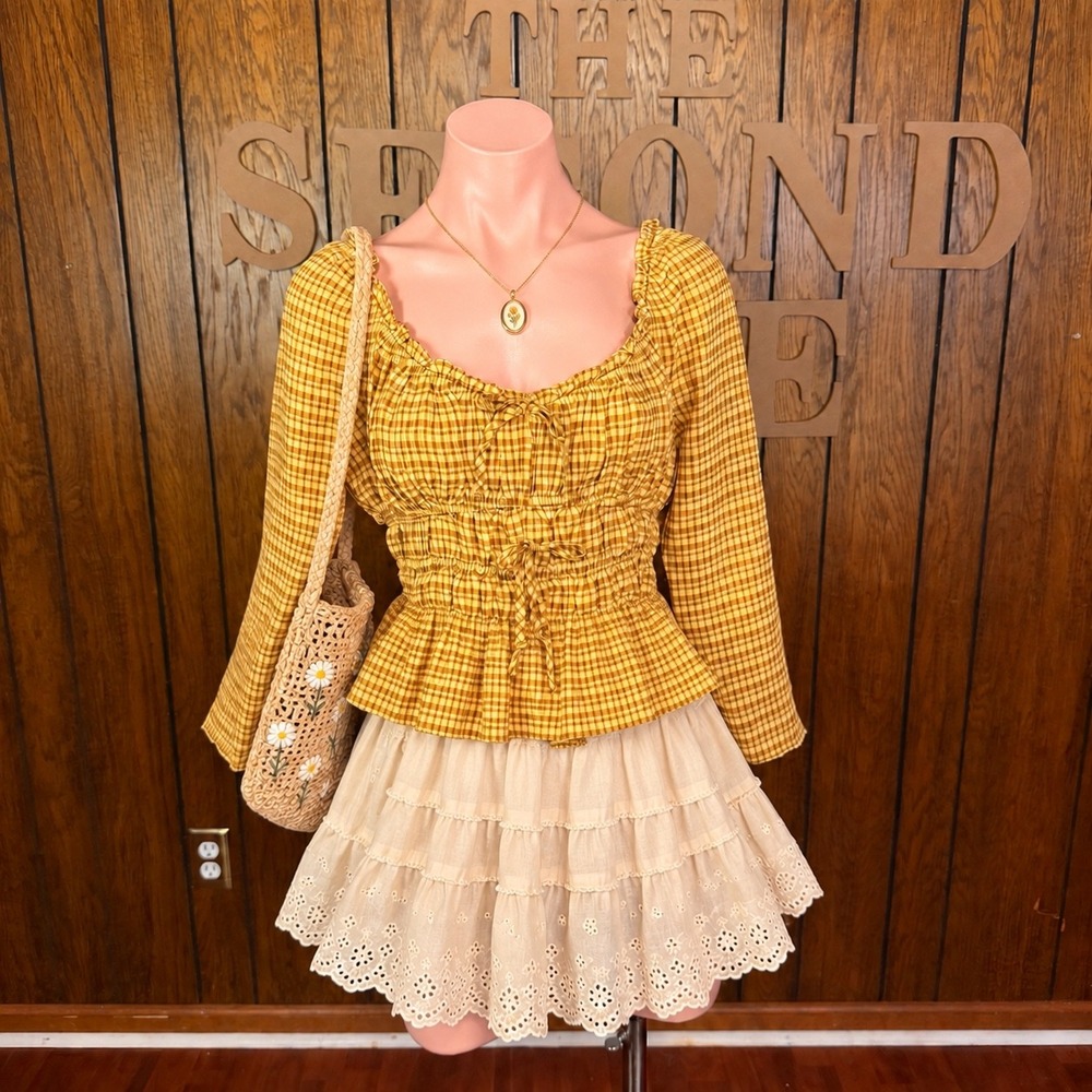 Yellow Gingham Smocked Peplum Top Pink Lily Large Cottagecore Coquette Western